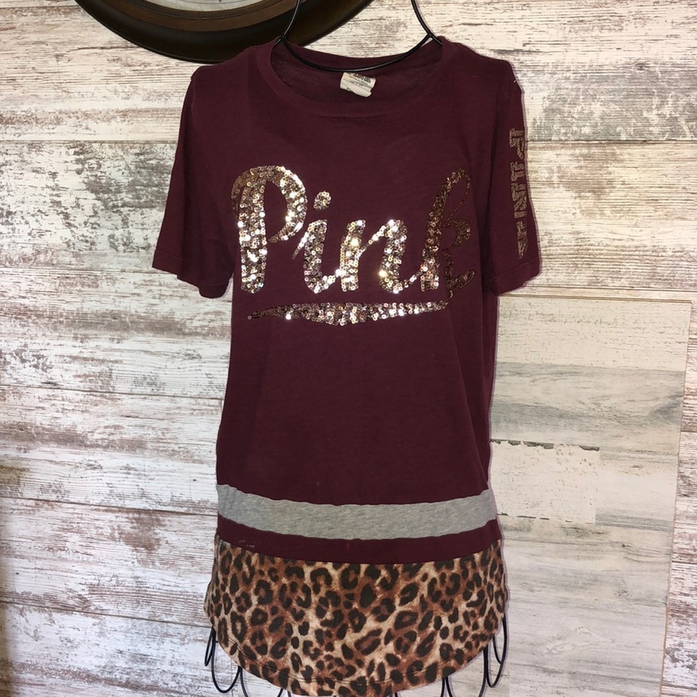 PINK VICTORIA’S Secret cheetah print short sleeve maroon shirt size XS sparkly‌